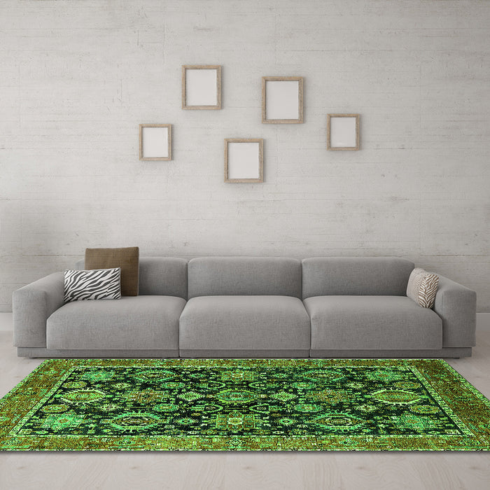 Machine Washable Oriental Green Industrial Area Rugs in a Living Room,, wshurb2311grn