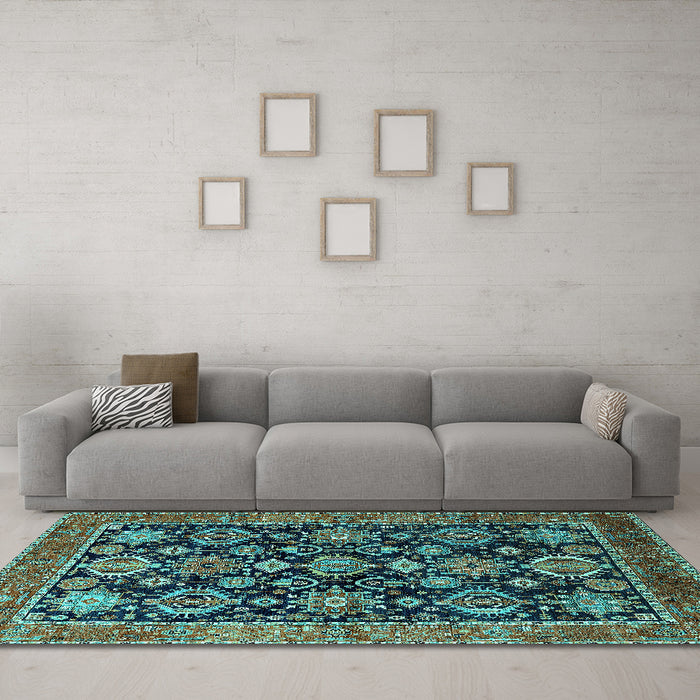 Machine Washable Oriental Turquoise Industrial Area Rugs in a Living Room,, wshurb2311turq