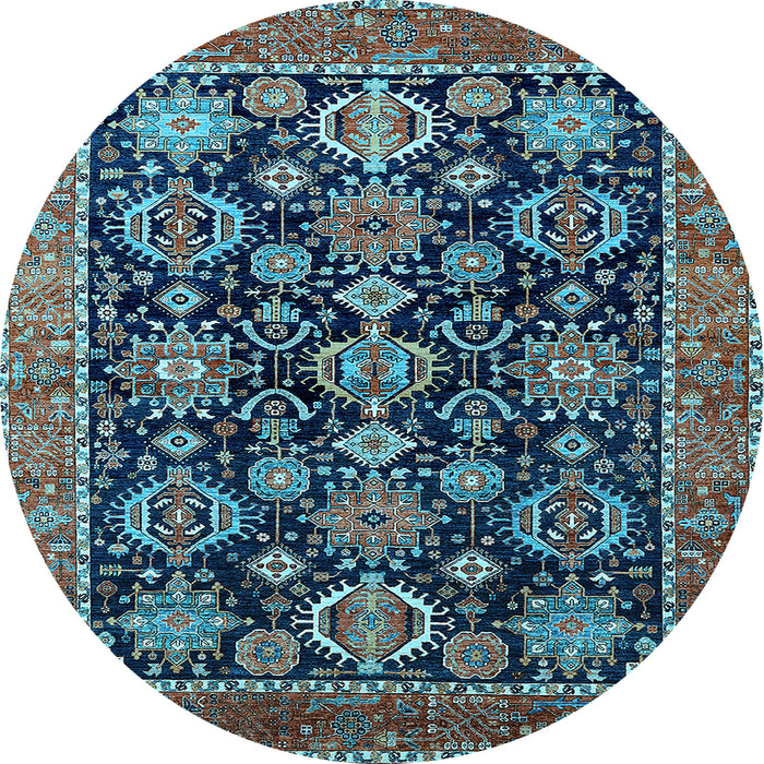 Round Machine Washable Oriental Light Blue Industrial Rug, wshurb2311lblu