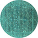 Round Machine Washable Oriental Turquoise Industrial Area Rugs, wshurb2314turq