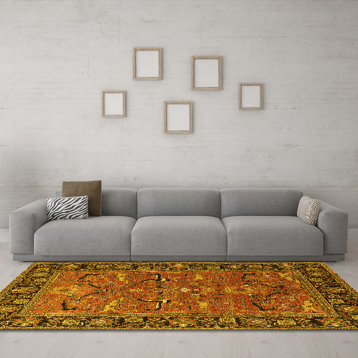 Machine Washable Oriental Yellow Industrial Rug in a Living Room, wshurb2315yw