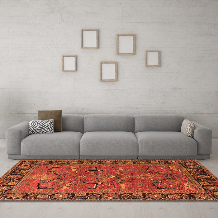 Machine Washable Oriental Orange Industrial Area Rugs in a Living Room, wshurb2315org