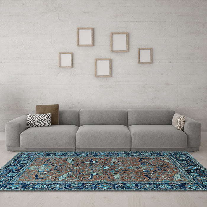 Machine Washable Oriental Light Blue Industrial Rug in a Living Room, wshurb2315lblu