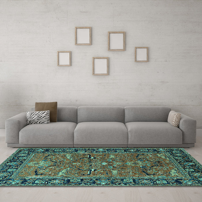 Machine Washable Oriental Turquoise Industrial Area Rugs in a Living Room,, wshurb2315turq