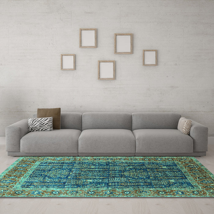 Machine Washable Oriental Turquoise Industrial Area Rugs in a Living Room,, wshurb2316turq