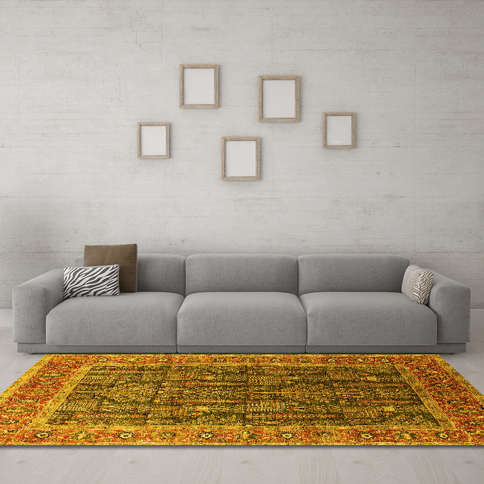 Machine Washable Oriental Yellow Industrial Rug in a Living Room, wshurb2316yw