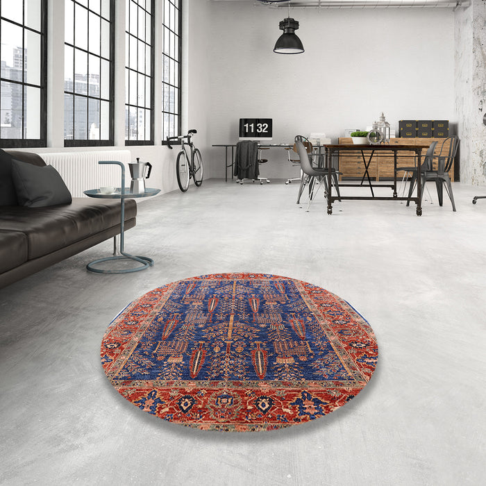 Round Mid-Century Modern Dark Raspberry Purple Oriental Rug in a Office, urb2316