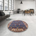 Round Mid-Century Modern Maroon Purple Oriental Rug in a Office, urb2317