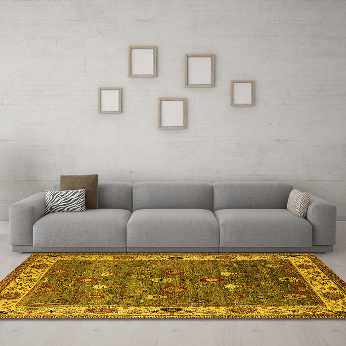 Machine Washable Oriental Yellow Industrial Rug in a Living Room, wshurb2317yw