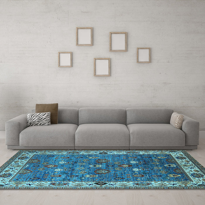 Machine Washable Oriental Light Blue Industrial Rug in a Living Room, wshurb2317lblu