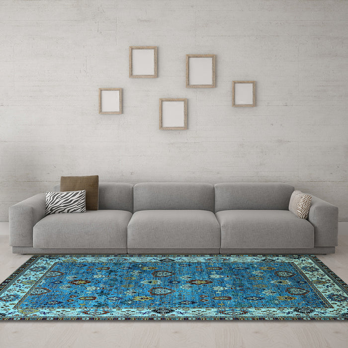 Machine Washable Oriental Light Blue Industrial Rug in a Living Room, wshurb2318lblu