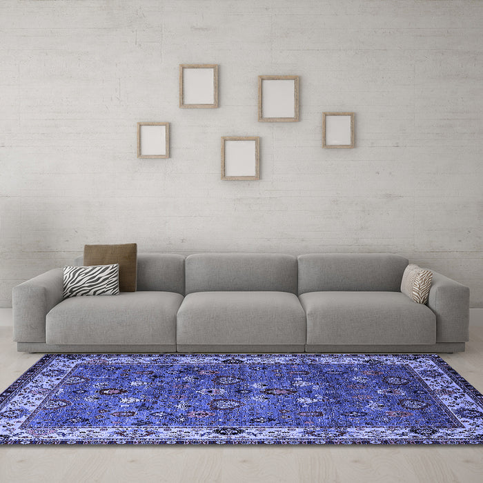 Machine Washable Oriental Blue Industrial Rug in a Living Room, wshurb2318blu