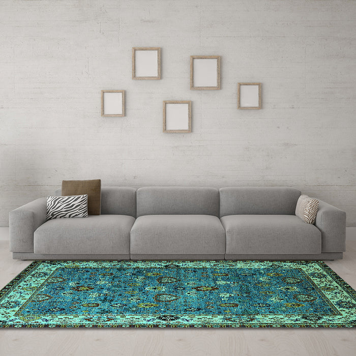 Machine Washable Oriental Turquoise Industrial Area Rugs in a Living Room,, wshurb2318turq