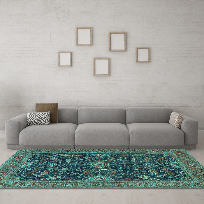 Machine Washable Oriental Turquoise Industrial Area Rugs in a Living Room,, wshurb2319turq