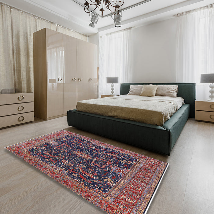 Mid-Century Modern Plum Purple Oriental Rug in a Bedroom, urb2319