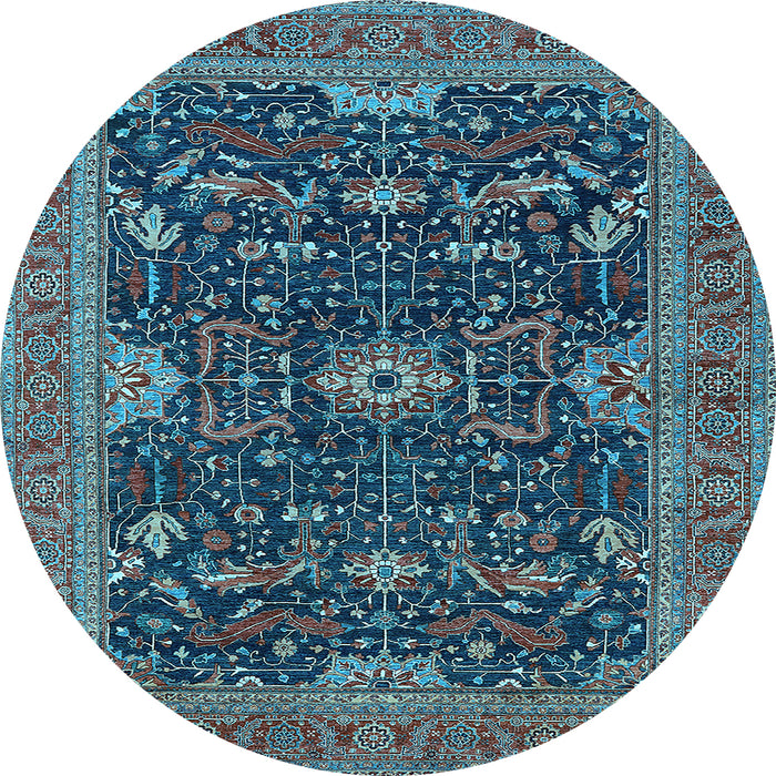 Round Machine Washable Oriental Light Blue Industrial Rug, wshurb2319lblu
