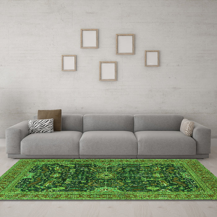 Machine Washable Oriental Green Industrial Area Rugs in a Living Room,, wshurb2319grn