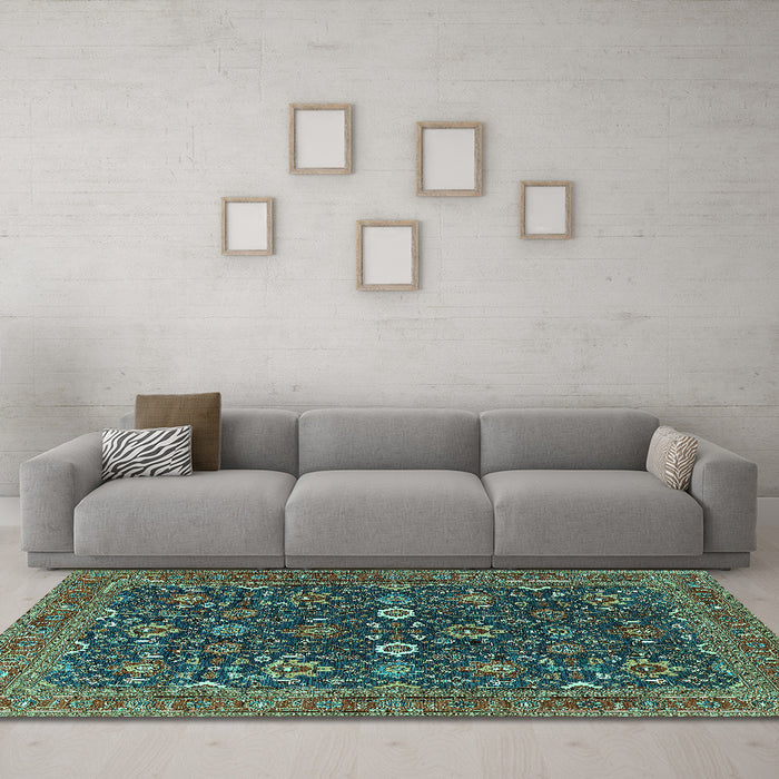 Machine Washable Oriental Turquoise Industrial Area Rugs in a Living Room,, wshurb2320turq