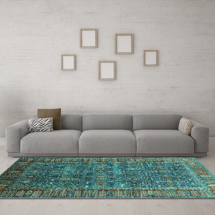 Machine Washable Oriental Turquoise Industrial Area Rugs in a Living Room,, wshurb2321turq