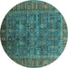 Round Machine Washable Oriental Turquoise Industrial Area Rugs, wshurb2321turq