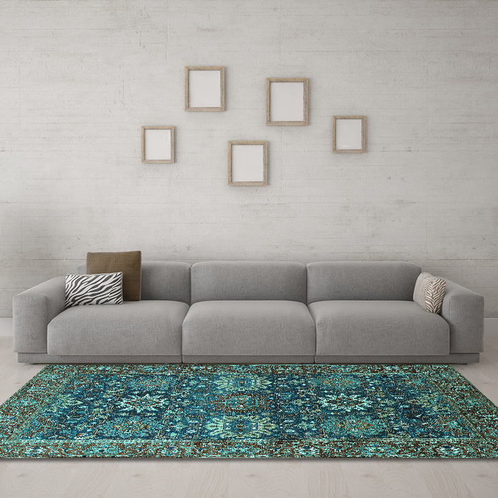 Machine Washable Oriental Turquoise Industrial Area Rugs in a Living Room,, wshurb2322turq