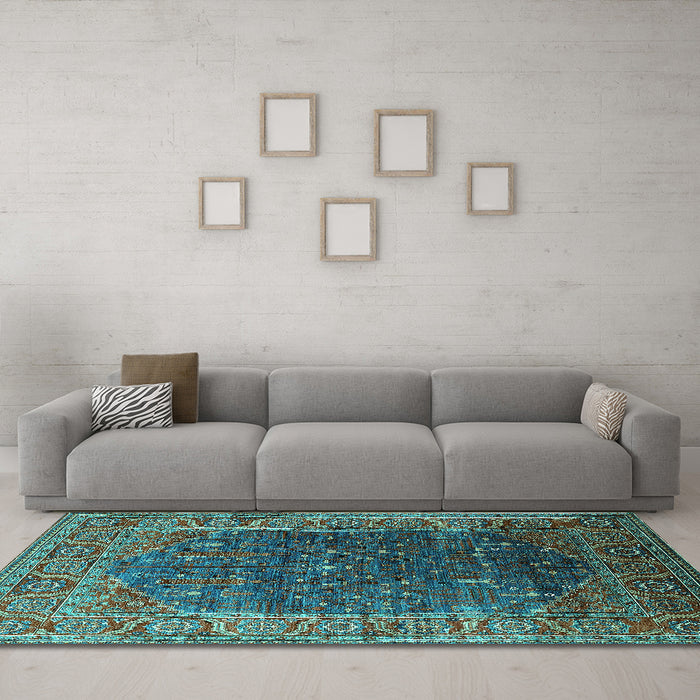 Machine Washable Oriental Turquoise Industrial Area Rugs in a Living Room,, wshurb2323turq