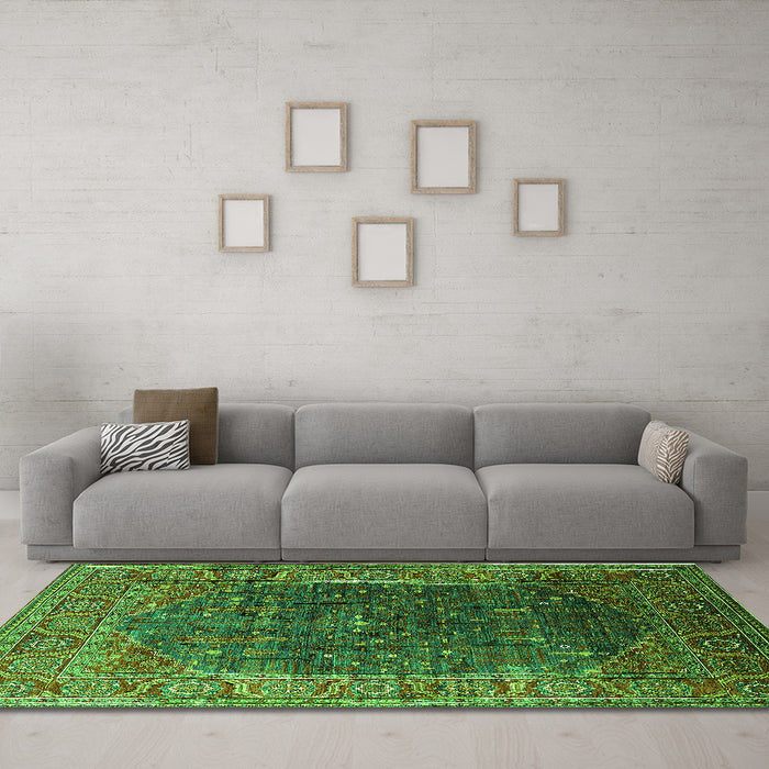 Machine Washable Oriental Green Industrial Area Rugs in a Living Room,, wshurb2323grn
