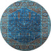 Round Machine Washable Oriental Light Blue Industrial Rug, wshurb2323lblu