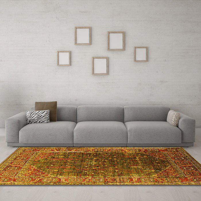 Machine Washable Oriental Yellow Industrial Rug in a Living Room, wshurb2323yw