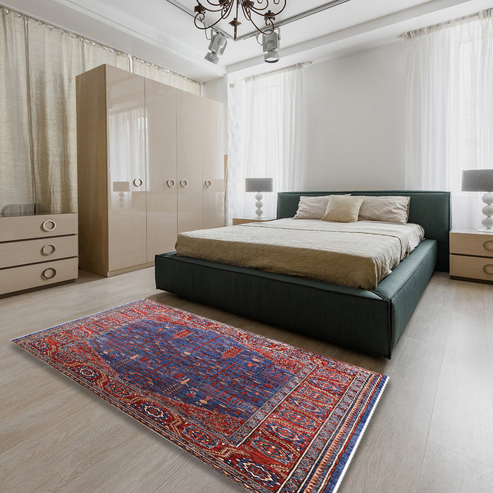 Mid-Century Modern Carbon Red Oriental Rug in a Bedroom, urb2323