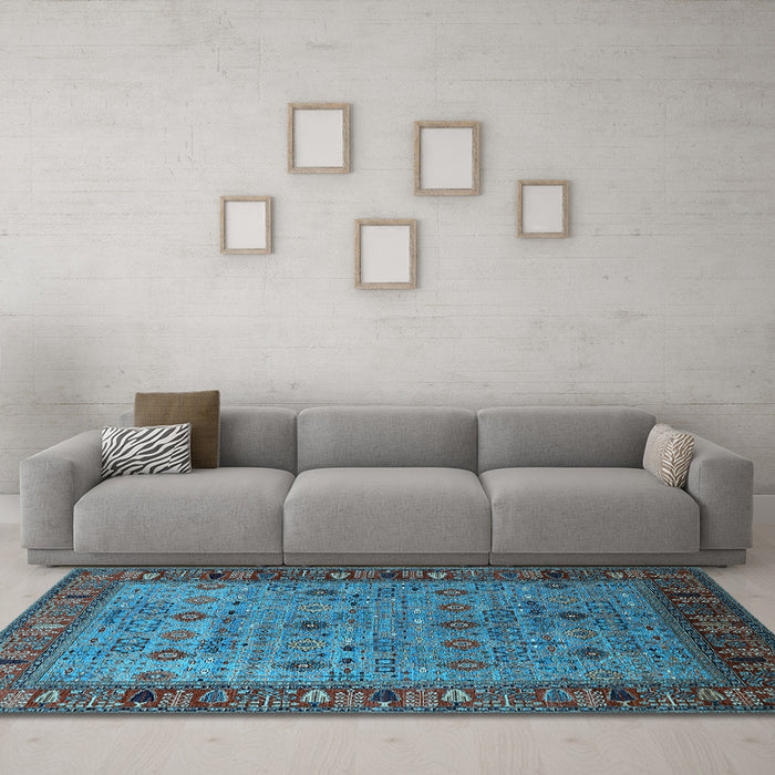 Machine Washable Oriental Light Blue Industrial Rug in a Living Room, wshurb2324lblu