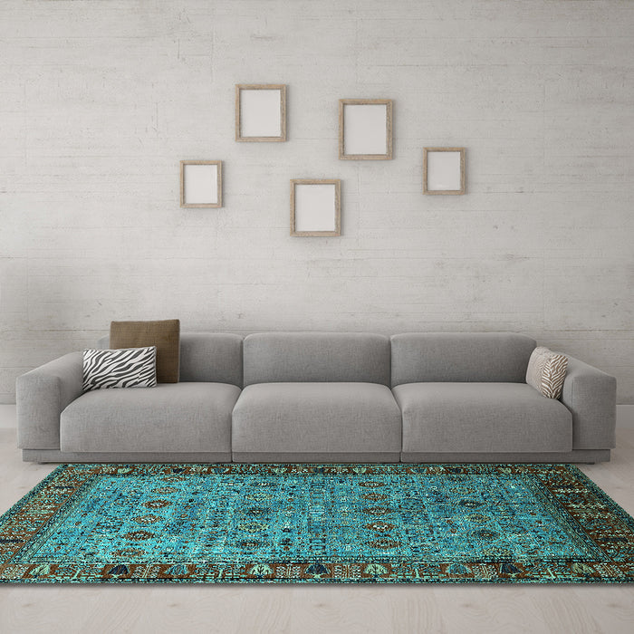 Machine Washable Oriental Turquoise Industrial Area Rugs in a Living Room,, wshurb2324turq