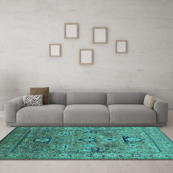 Machine Washable Oriental Turquoise Industrial Area Rugs in a Living Room,, wshurb2325turq