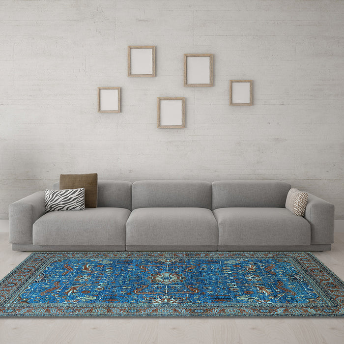 Machine Washable Oriental Light Blue Industrial Rug in a Living Room, wshurb2326lblu