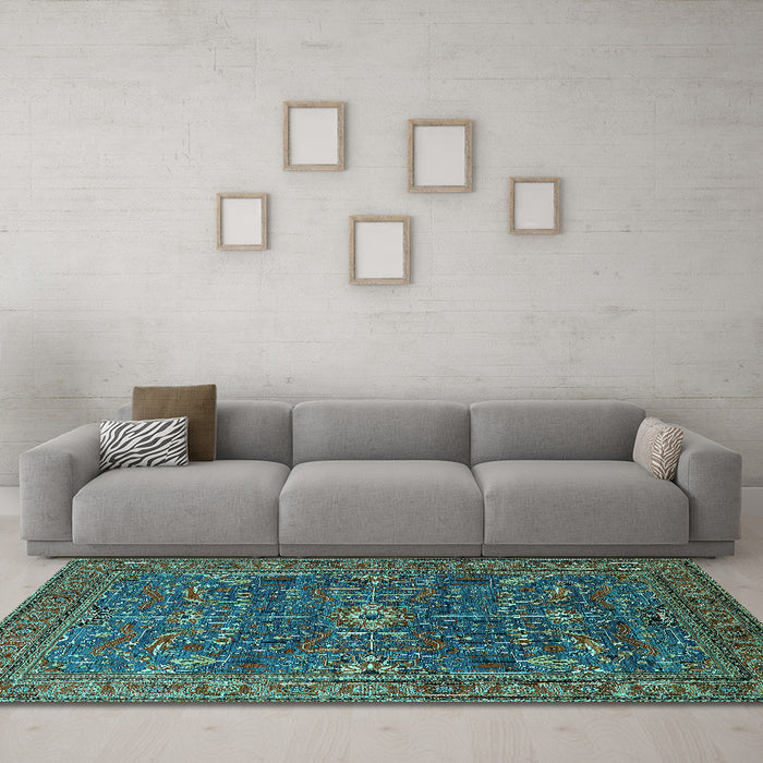 Machine Washable Oriental Turquoise Industrial Area Rugs in a Living Room,, wshurb2326turq