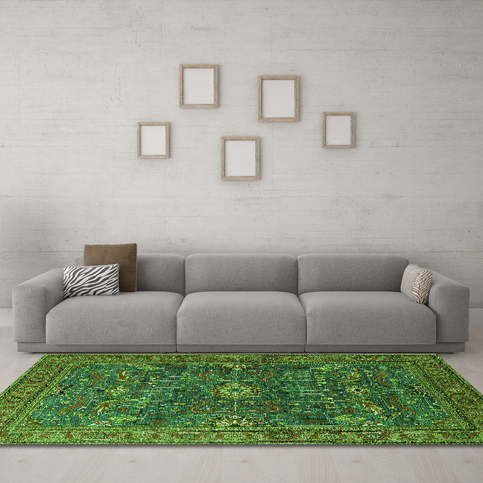 Machine Washable Oriental Green Industrial Area Rugs in a Living Room,, wshurb2326grn