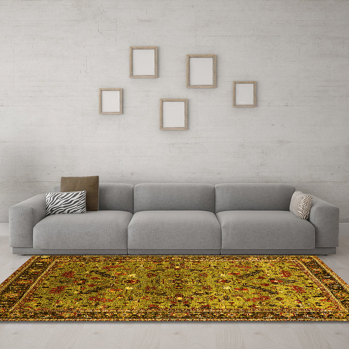 Machine Washable Oriental Yellow Industrial Rug in a Living Room, wshurb2327yw