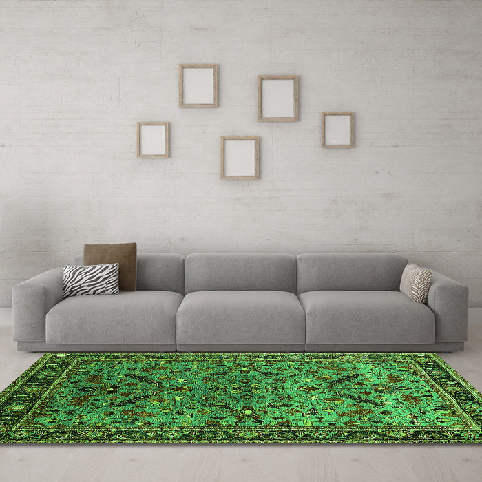 Machine Washable Oriental Green Industrial Area Rugs in a Living Room,, wshurb2327grn