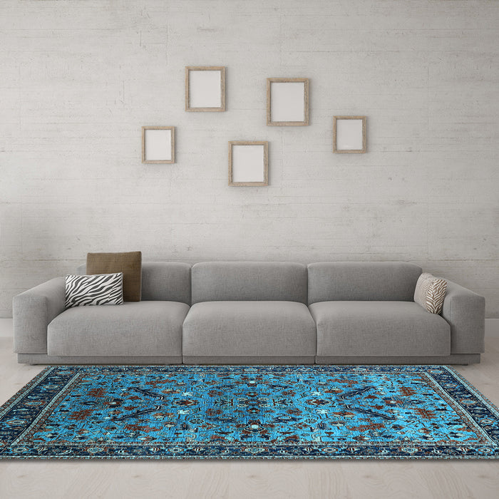 Machine Washable Oriental Light Blue Industrial Rug in a Living Room, wshurb2327lblu