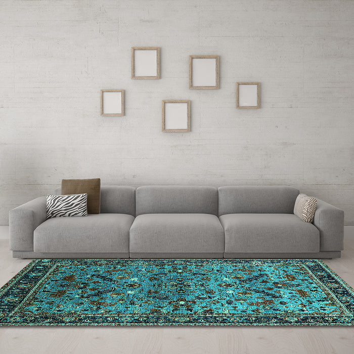 Machine Washable Oriental Turquoise Industrial Area Rugs in a Living Room,, wshurb2327turq