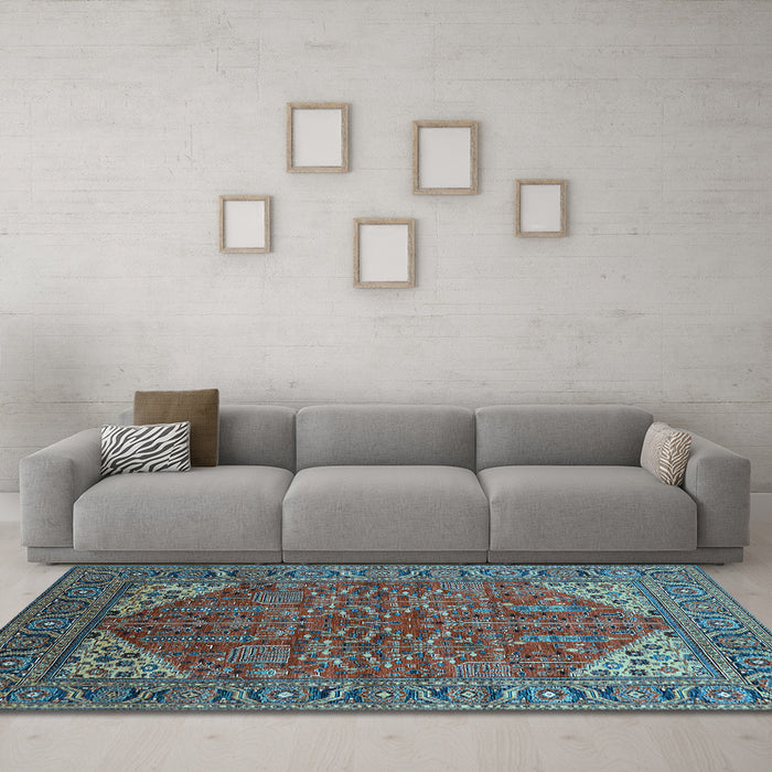Machine Washable Oriental Light Blue Industrial Rug in a Living Room, wshurb2328lblu