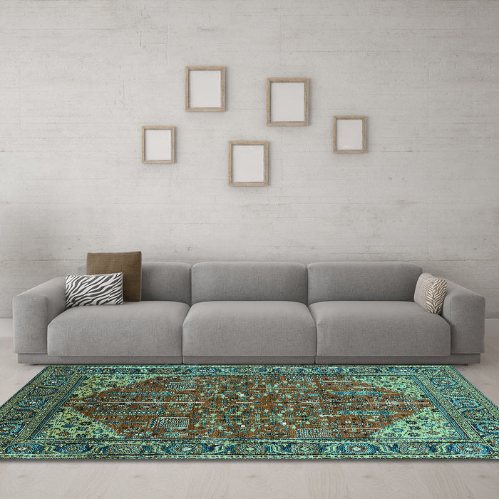 Machine Washable Oriental Turquoise Industrial Area Rugs in a Living Room,, wshurb2328turq