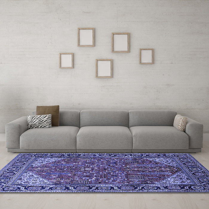 Machine Washable Oriental Blue Industrial Rug in a Living Room, wshurb2329blu