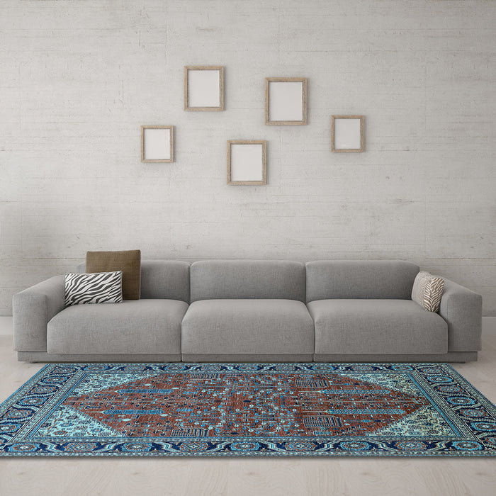 Machine Washable Oriental Light Blue Industrial Rug in a Living Room, wshurb2329lblu