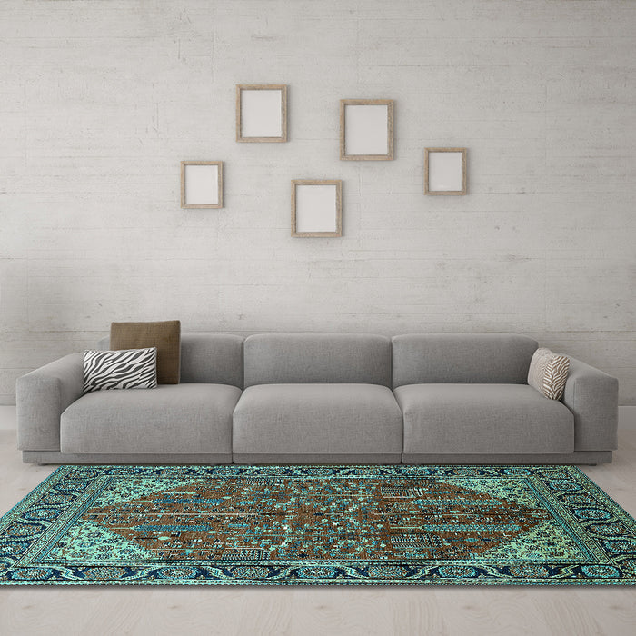 Machine Washable Oriental Turquoise Industrial Area Rugs in a Living Room,, wshurb2329turq