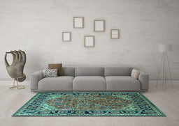 Machine Washable Oriental Turquoise Industrial Area Rugs in a Living Room,, wshurb2330turq