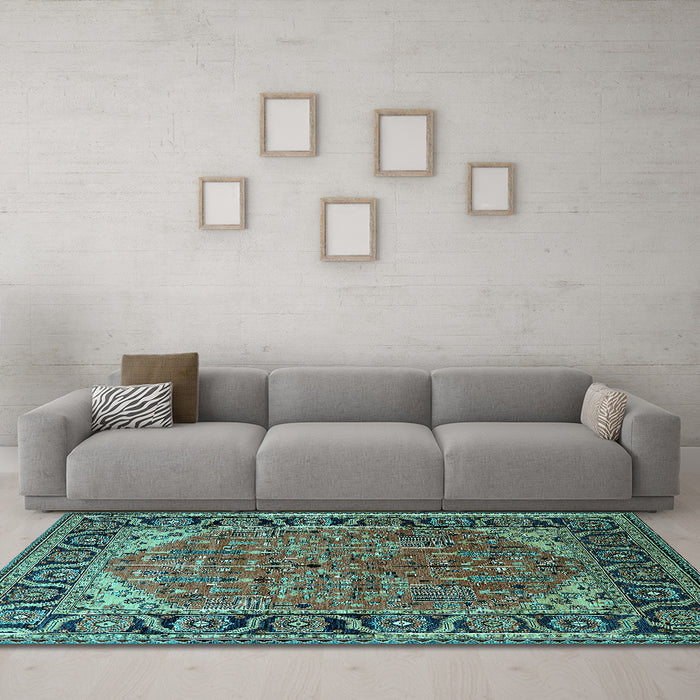 Machine Washable Oriental Turquoise Industrial Area Rugs in a Living Room,, wshurb2330turq