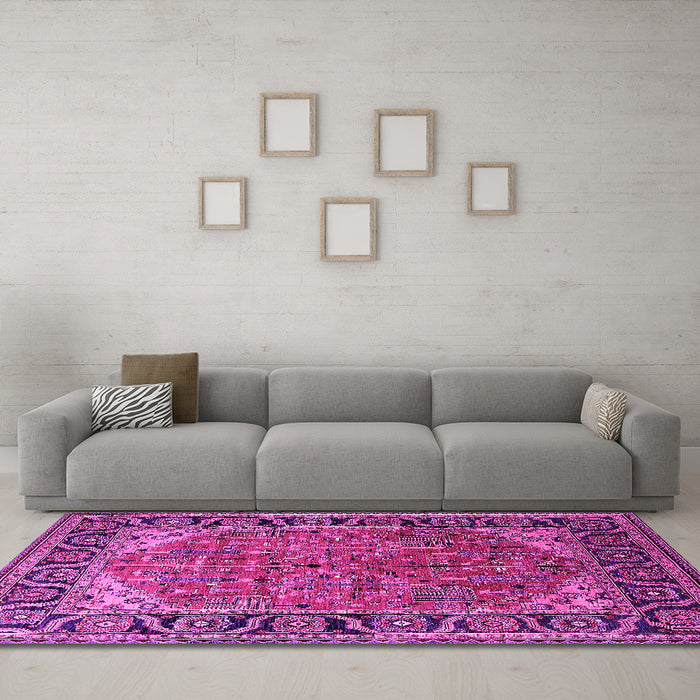 Machine Washable Oriental Pink Industrial Rug in a Living Room, wshurb2330pnk