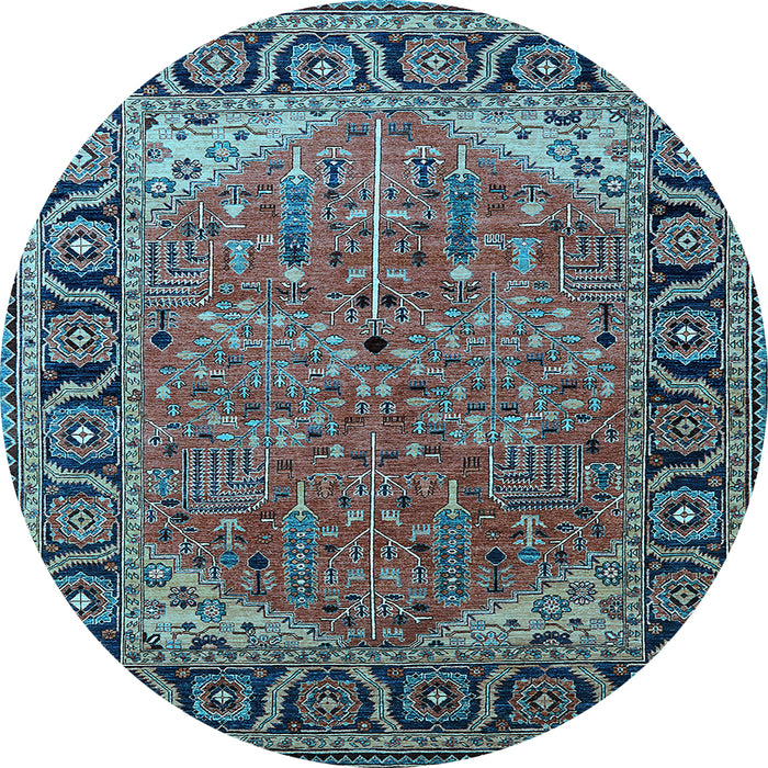 Round Machine Washable Oriental Light Blue Industrial Rug, wshurb2330lblu