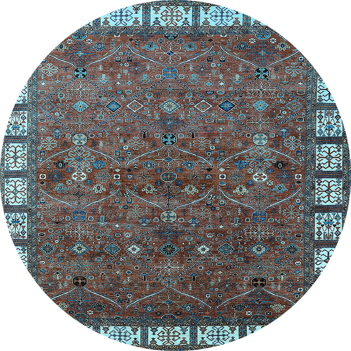 Round Machine Washable Oriental Light Blue Industrial Rug, wshurb2331lblu
